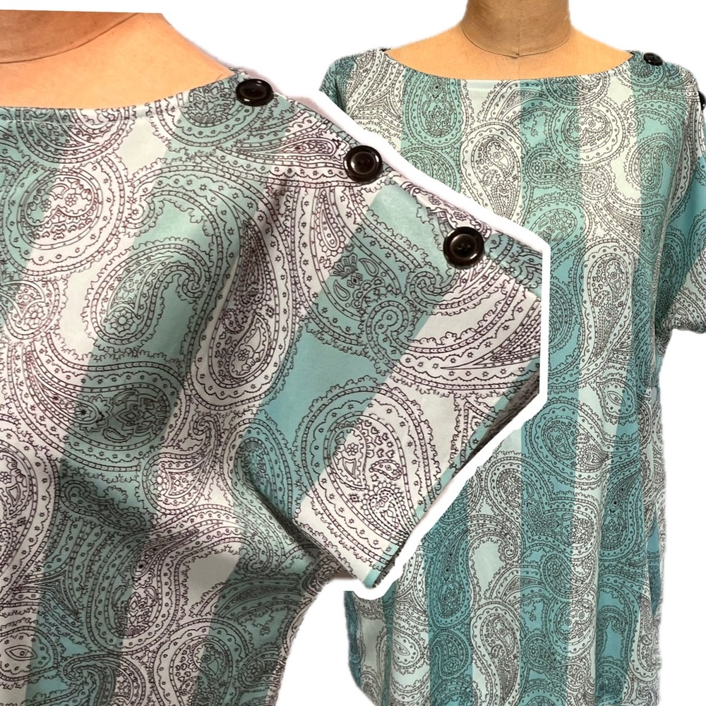 VINTAGE 70s 80s paisley striped top lightweight silky polyester button detail‎